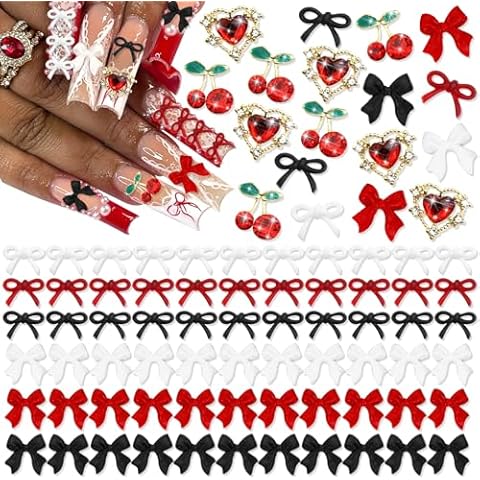 BELICEY 130Pcs 3D Nail Charms Set Valentine's Day Red Black White Acrylic Flatback Nail Bows Gold Cherry Heart Charms for Nails Gems and Rhinestones Nail Jewelry for Women Manicure DIY Nail Art Design Cover