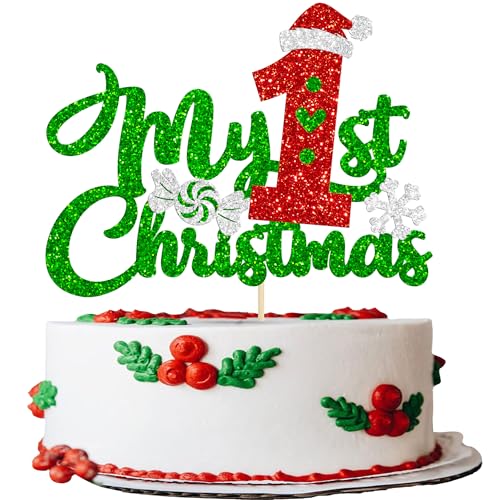 Gyufise 1 Pack My First Christmas Cake Topper with Glitter Christmas Hat Number 1 First Birthday Cupcake picks Decorations for Xmas Holiday Happy New Year Party Supplies