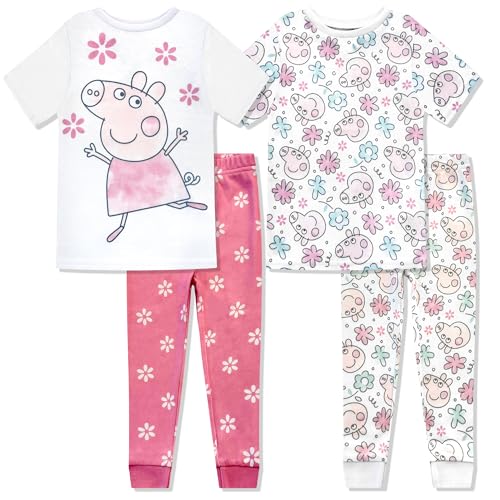 Peppa Pig 4 Piece Pajama Set - Kids Tight Fit Soft Short Sleeve Shirt & Pants Sleepwear Set for Girls & Toddlers - Official Pink
