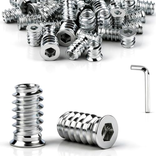 jwtyu 45 Pièces Insert Fileté Bois M8 x 20 mm écrous à visser insert bois M8 Manchons à visser M8 galvanisés Avec clé à six pans creux Pour panneaux de...