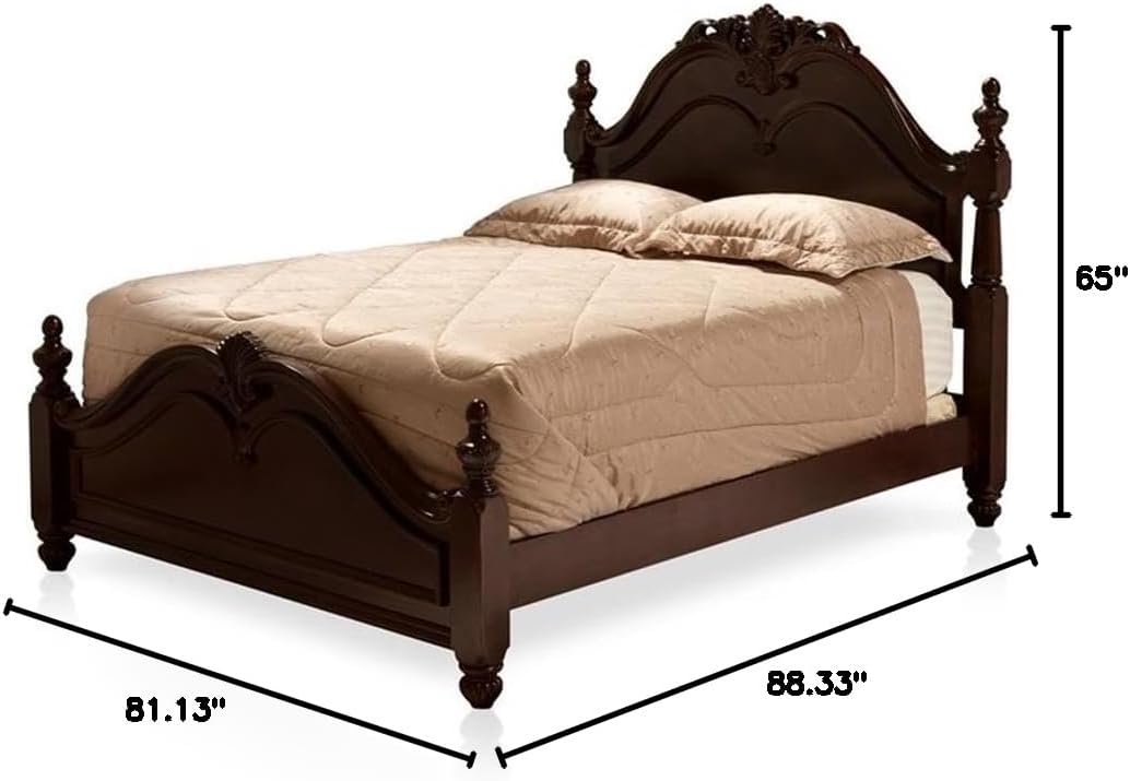 Bowery Hill Traditional King Poster Bed, Solid Wood and Veneer, Cherry Finish, Ornamental Carved Headboard, 88.38"L x 81.13"W x 65"H, Intricate Design, Sturdy Bedroom Furniture, Requires Box Spring