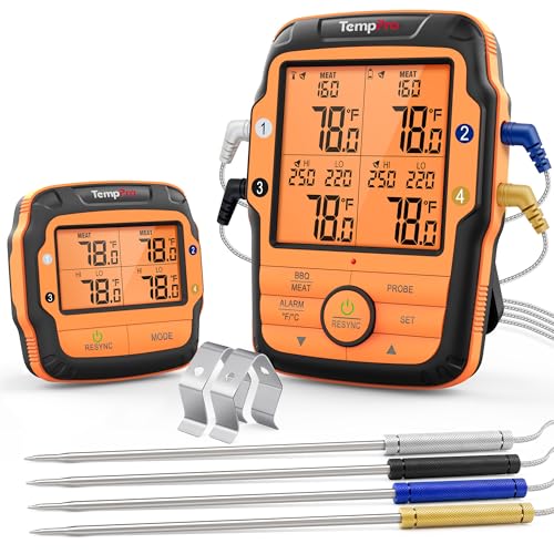 TempPro TP27 500FT Long Range Wireless Meat Thermometer for Grilling and Smoking with 4 Probes Smoker BBQ Grill Kitchen Food Cooking Digital Thermometer for Meat Turkey (Previously ThermoPro)