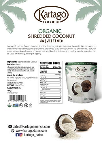 Organic Shredded Coconut - Unsweetened Coconut Flakes from Kartago, 1lb Single Pack