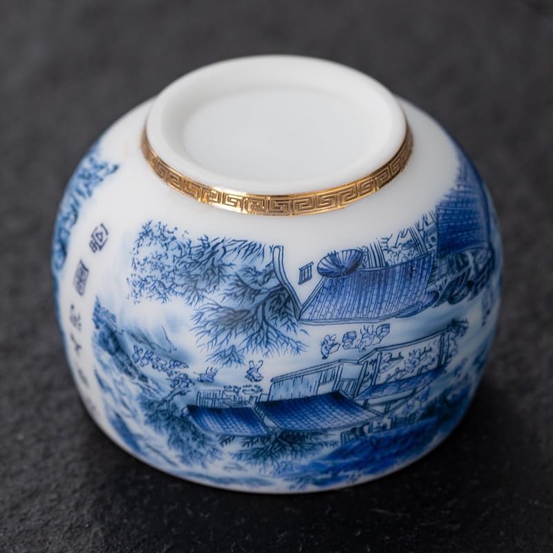Tazas de té Pequeñas Taza de porcelana azul y blanca del maestro, taza té jadeíta, tazón individual a lo largo río durante el Festival Qingming, juego cerámica, lujo vintage Taza de té de Kungfu