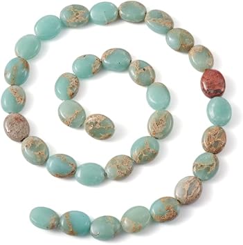 Fashewelry 39pcs Natural Aqua Terra Jasper Stone Beads Flat Oval Healing Crystal Loose Gemstone Beads 10x8mm for Jewelry Necklace Bracelet Earring Craft, 15.35 Inch