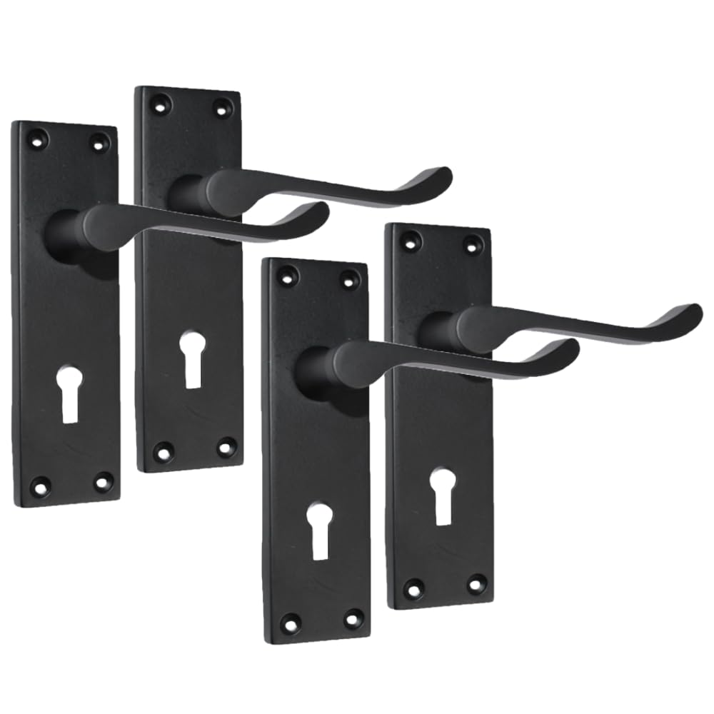 Epsom Door Handle Victorian Scroll Matt Black Lever Set – Backplate Design – Supplied with 3-Lever Mortice Sash Mechanism – 2 Pairs