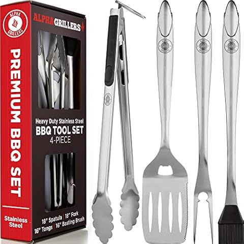 Alpha Grillers BBQ Grilling Tools Set Extremely Heavy Duty Stainless Steel Spatula, Locking Tongs and Fork Accessories Cover
