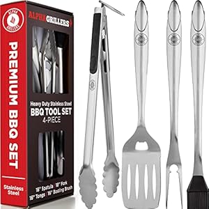 Alpha Grillers Grill Set Heavy Duty BBQ Accessories – BBQ Gifts Tool Set 4pc Grill Accessories with Spatula, Fork, Brush & BBQ Tongs – Grilling Cooking Gifts for Men Dad Durable, Stainless Steel