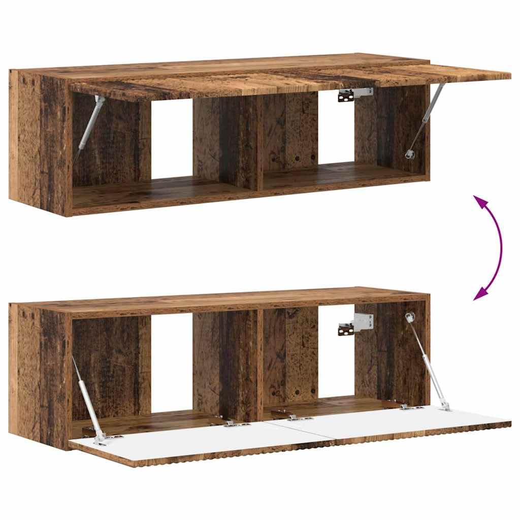 Szafka ścienna z drewna odpadowego 98 x 31 x 29,5 cm z drzwiami wahadłowymi 90° i 2 regałami montowanymi na ścianie, nowoczesna szafka pod telewizor z miejscem do przechowywania