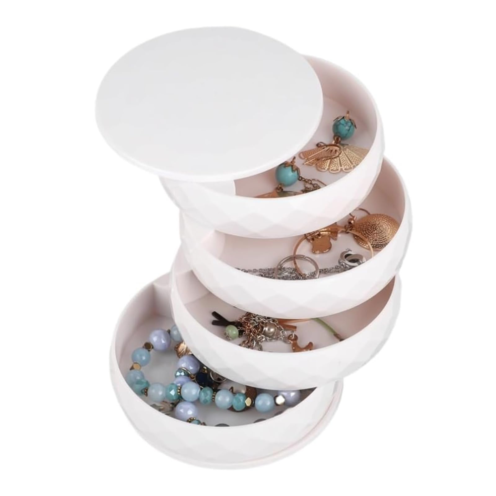 VIFER Jewellery Box Organiser 4 Layer Rotatable Storage Tray Box Round Earring Holder with Lid for Rings Bracelets Necklaces (White)