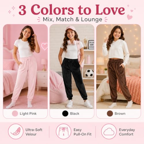 Image of BTween Girls 3 Pack Velour Jogger Pant Set Solid, Tie Dye or Camo Sweatpants for Girls