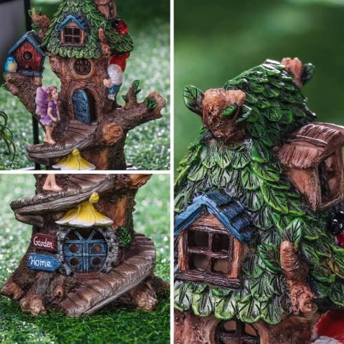 TERESA'S COLLECTIONS Large Tree Gnome Fairy House Garden Ornaments Outdoor, Solar Lights Outdoor Garden Cottage Sculptures and Statues for Lawn Decorations, 12.8inch/32.5cm Tall