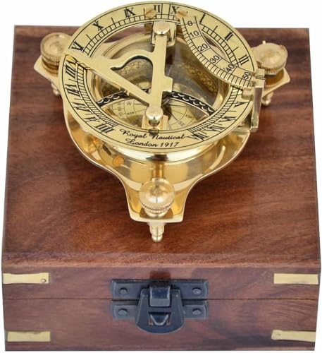 Brújula reloj de sol vintage de latón con caja de madera