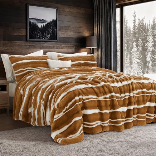 Image of Wonderful 3 Pieces Fluffy Faux Rabbit Fur Comforter Set King Size, Caramel Plush Fuzzy Bedding Set, Animal Stripes Design Warm Soft Comforter Bedding Set for All Season,104 inchx94 inch