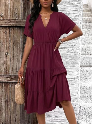 Image of PerZeal Women's Casual Tiered Midi Dress with Pockets - V Neck Short Sleeve Elastic Waist Ruffle Summer Dress for Daily Wear