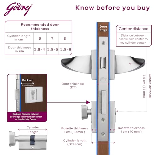 Image of Godrej Mortise Lock|Handle Lock Set for Main & Bedroom Door|Twist Rossette Home Decor Handle|Satin Steel Finish|9 Ih Lockbody|60 mm 1CK Cylinder - Knob from Inside & 4 Keys| 5 Years Warranty