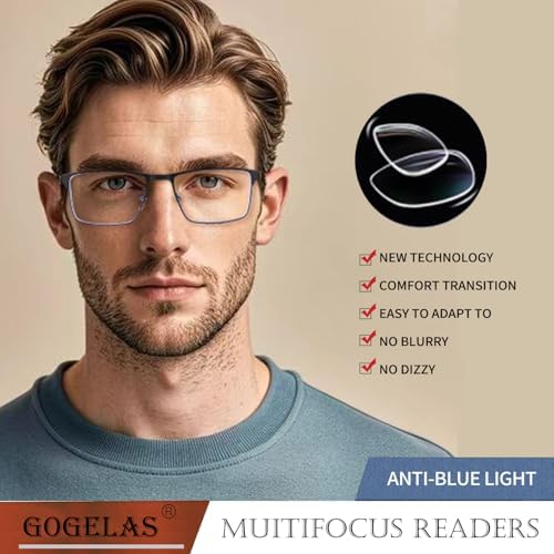 Men's Multifocal Progressive Reading Glasses Blue Light Blocking 2 Pack for Mid Near Vision