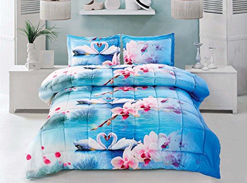 BEDnLINENS 3 Piece Box Stitched 3D Swan Lakes Prints Faux Fur Comforter Set (D04) (Queen)