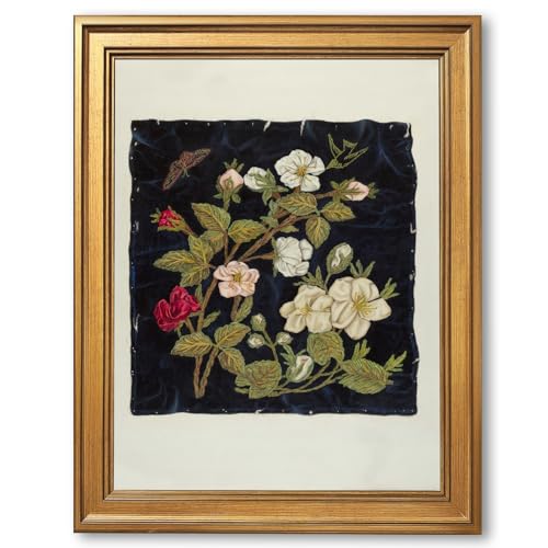 Vintage Embroidered Rose Branch Canvas Wall Art Floral Textile Print