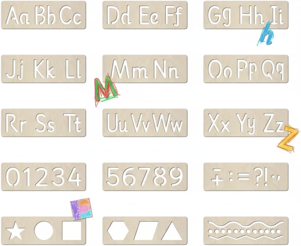 NAKLEO Wooden Drawing Stencils for Kids, Set of 15 Pcs 7.5x2.5” Alphabet and Numbers, Montessori Children Templates Educational Toy Creative DIY Decoration Arts and Crafts Painting Paper Wood Fabric