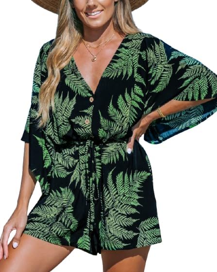 CUPSHE Women's Boho Floral Romper Short Sleeve V Neck Tie Waist Summer Beach Jumpsuit Tropical Resort Vacation Outfits