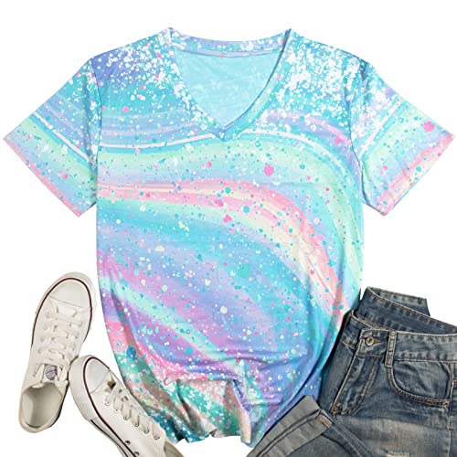 Women Tie Dye V-Neck Shirts Vintage Neon Shirt Casual Summer Tunic Tops by BANGELY - Used condition - US$20.89