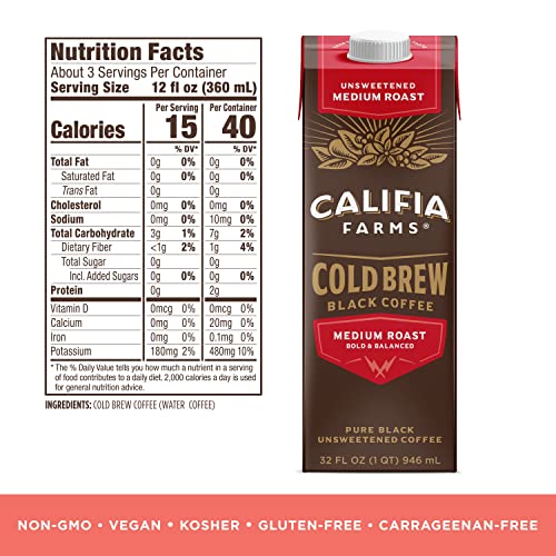 Califia Farms - Pure Black Medium Roast Cold Brew Coffee, 32 Oz (Pack Of 6), 100% Arabica, Shelf Stable, Plant Based, Vegan, Gluten Free, Non Gmo, Sugar Free, Iced Coffee #TOP4