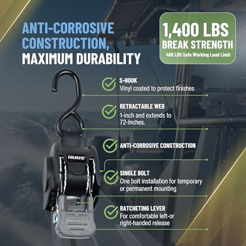 BoatBuckle Mini G3 Retractable Ratchet Straps - (1 x 72-Inch, 1400lbs Break Strength, 2-Pack) Bolt-On Boat Transom Tie Down Straps to Trailer, Fresh Water | Mounts with Included Hardware to Most Boat Trailers, Self-Retracting Web Helps Limit Loose Strap Tangles, for Freshwater Use - Image 3