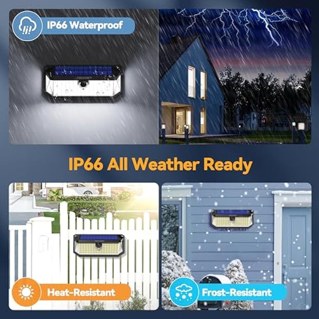 TECKNET 416 LED Solar Lights Outdoor Waterproof, 300¡ã Angle & 3 Lighting Modes Motion Sensor Outdoor Lights, 2 Pack Security Solar Flood Lights IP66 for Fence Front Door Yard Deck Garden Garage