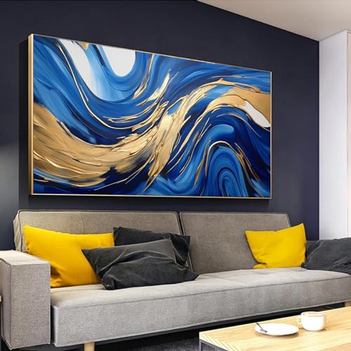 Art mural abstrait bleu HYFBH encadré grand format 50x100cm pour salon