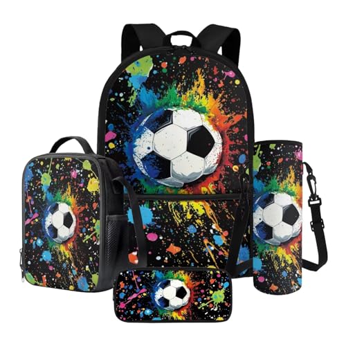 Talayituse Soccer Paint Splatter Print Kids Backpack for Boys Girls, Preschool Elementary School Bag Travel Bapack, 4Pcs Bookbag Set with Lunch Box Pencil Case Water Bottle Carrier Bag