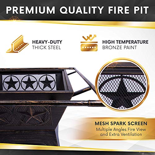 Project One Galaxy Heavy-Duty Fire Pit - 32 Inch Steel Large Square Wood Burning Patio Or Backyard Firepit - Weighs 30 Pounds - Cooking Grill Grate, Spark Screen, And Fireplace Poker Included #TOP1