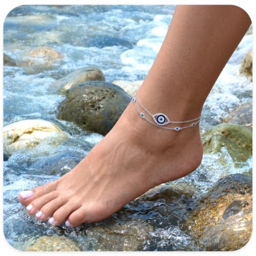 Image of Evil Eye Anklet Sterling Silver Infinity Lotus Flower Evil Eye Anklets for Women Ankle Bracelets Turkish Blue Eyes Protection Chain Jewelry