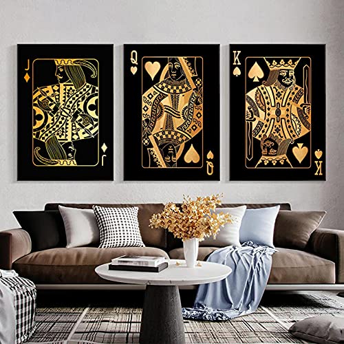 Tableau cartes à jouer noir doré 50x70cm 3 pièces triptyque abstrait vintage pour mur de salon