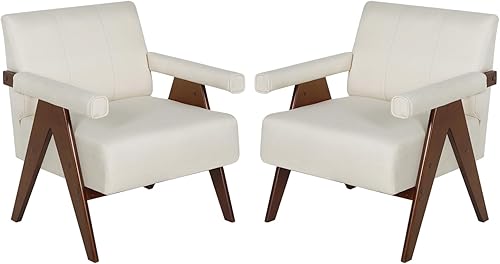 AODAILIHB Juego de 2 sillas modernas de mediados de siglo, sillas decorativas de tela de lino beige, brazos de madera con bolsa suave, sillas de