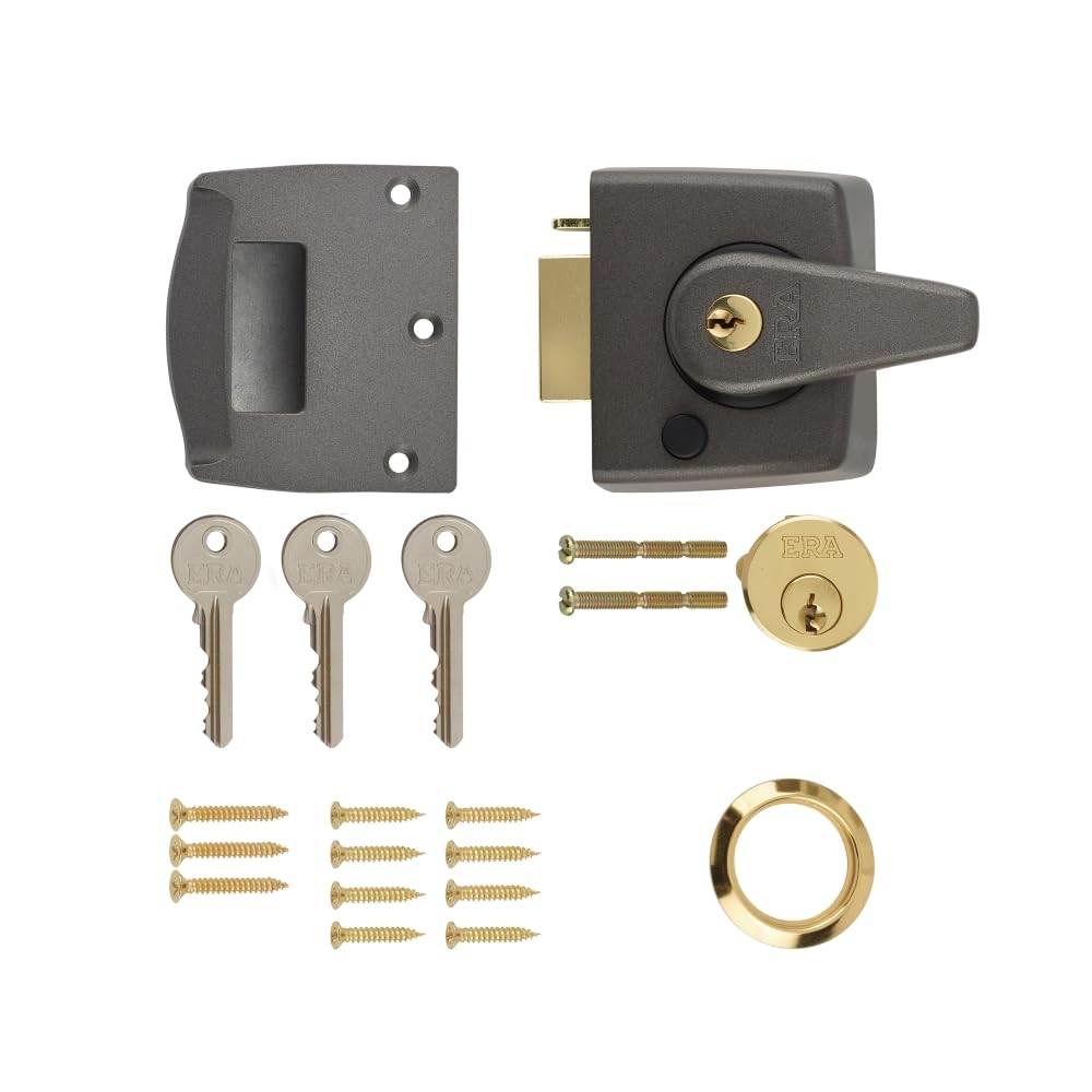 Ironmongery Solutions® Double Locking Nightlatch Door Lock – High Security External Door Night Latch for Wooden Doors (Boxed, Grey Body, Brass Cyl, 60mm)