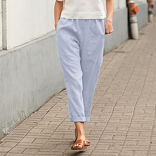 Strappy Women Linen Capri Pants Wide Leg Plus Size Womens Pull On Capri Summer Elastic Capris Casual Solid Crop Cotton Grey #TOP1