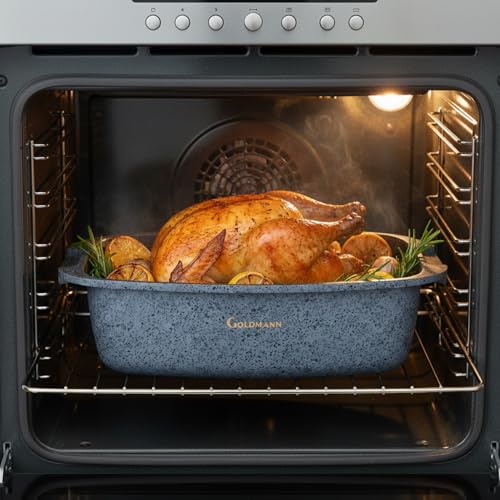 GOLDMANN cocotte roaster rectangulaire 32 x 21 x 11 cm (5,5 L) – Aluminium moulé – Revêtement céramique antiadhésif effet marbre – Couvercle en verre avec bouton d'arôme – Passe au four – Sans PFOA – vue 6