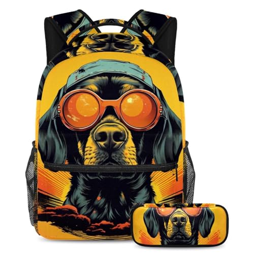 Cartable enfant avec trousse motif chien à lunettes de soleil cool lot de 2