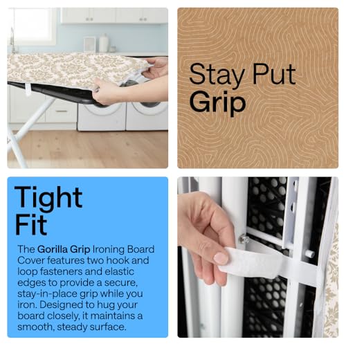Image of GORILLA GRIP The Original Ironing Board Cover and Pad, Silicone Coating, 400F Scorch Resistant Thick Padding, Heavy Duty Iron Covers Standard Boards, Hook and Loop Fastener Strap, Damask 15x54