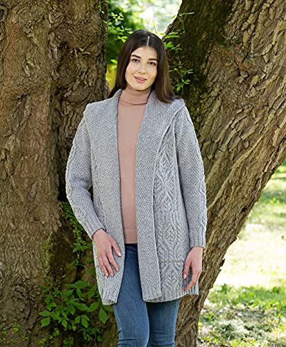 Saol 100% Irish Merino Wool Ladies Classic Fit Long Cardigan With Hood (Grey, M) #TOP4