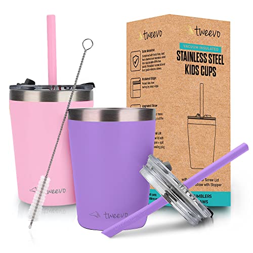 Image of tweevo Sippy Cups For Toddlers 1-3 - Toddler Tumbler w/Screw Lids - Stainless Steel Kids Cups With Straws and Lids - 2 Pack (Pink & Purple, 8.5oz)