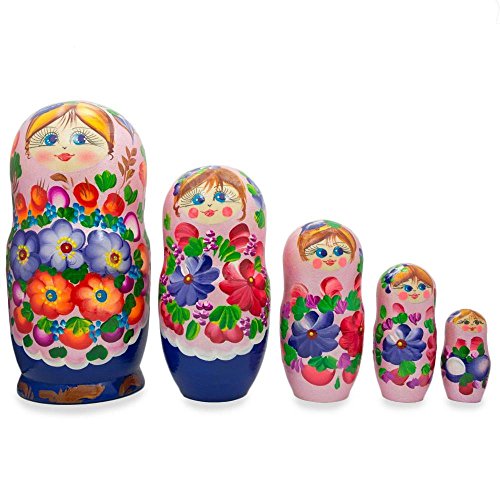 BestPysanky Flowers on Pink Dress Wooden Nesting Dolls 7.25 Inches