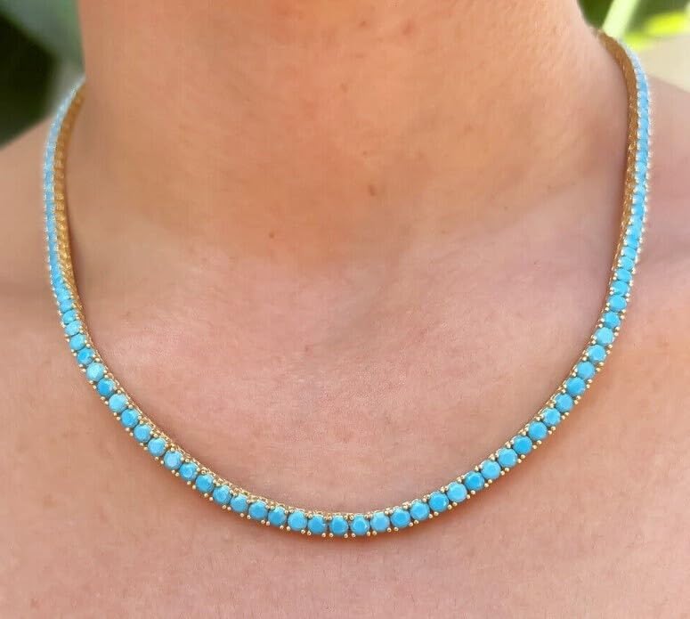 4mm Turquoise Tennis Necklace, Gold Plated Chain, Light Blue Stone2