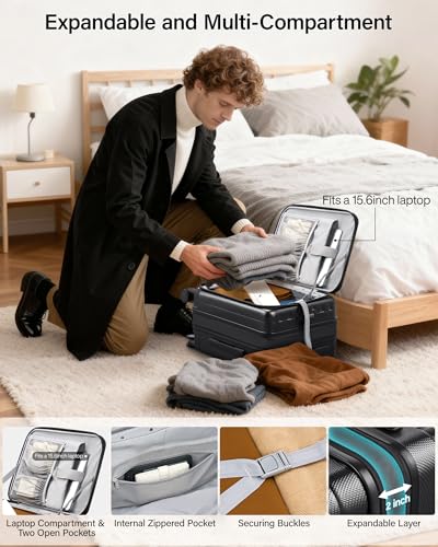 Image of Hanke 56cm Expandable Cabin Trolley Bag, 15.6 Inch Laptop Compartment, Top Opening Hard Shell Polycarbonate, 8 Durable Silent Spinner Wheels, Lightweight Carry On Suitcase for Women,Jet Black