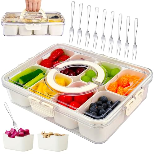TZEKING Snackschale Snackbox mit 8 Fächern Snackteller mit Deckel Snack Aufbewahrungsbox Küche Gewürze Box Tragbar Snackbox Organizer für verschiedene Gewürze und Früchte Familien und Picknicks