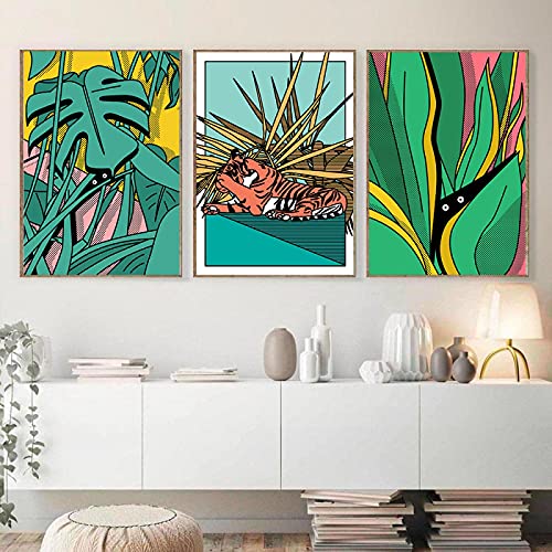 Toile peinture tigre et plante verte impression haut de gamme 50x70cm