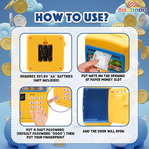 Image of Wembley Finger Print Sensor ATM Piggy Bank for Kids Girl Boys Gullak for Money Bank with Password & Music Auto Scroll Money Saving Box with Coin Cash Slot Gifts for Kids - Blue