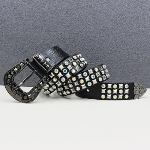 Crocodile Pattern Embossed Studded Belt,Shiny Rhinestone Four-Jaw Square Rivets Western Waist Strap for Women Men4