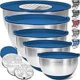 Picture of Priority Chef Stainless Steel Mixing Bowls with Lids Set, 3 Grater Attachments, Airtight Lids, Non-Slip Silicone Base Mixing Bowl Set, Large Prep Metal Mixing Bowls for Kitchen, Blue